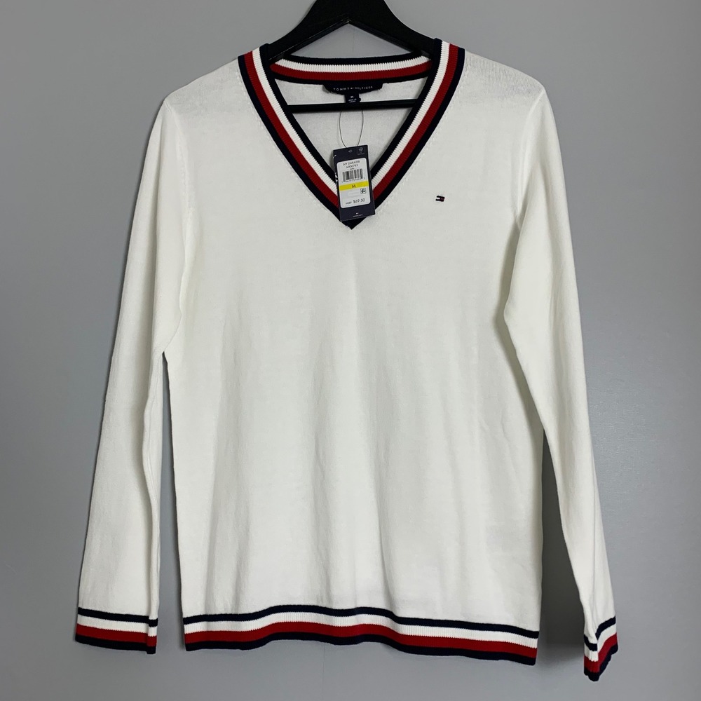 Tommy Hilfiger Womens Ivy Sweater Knit M White V-Neck Pullover Collegiate